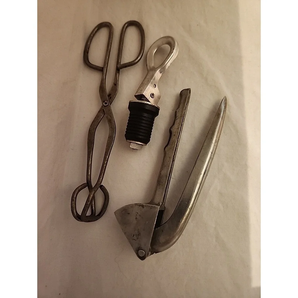 Vintage Kitchen Tool Set Tongs , Bottle Stopper And Garlic Press